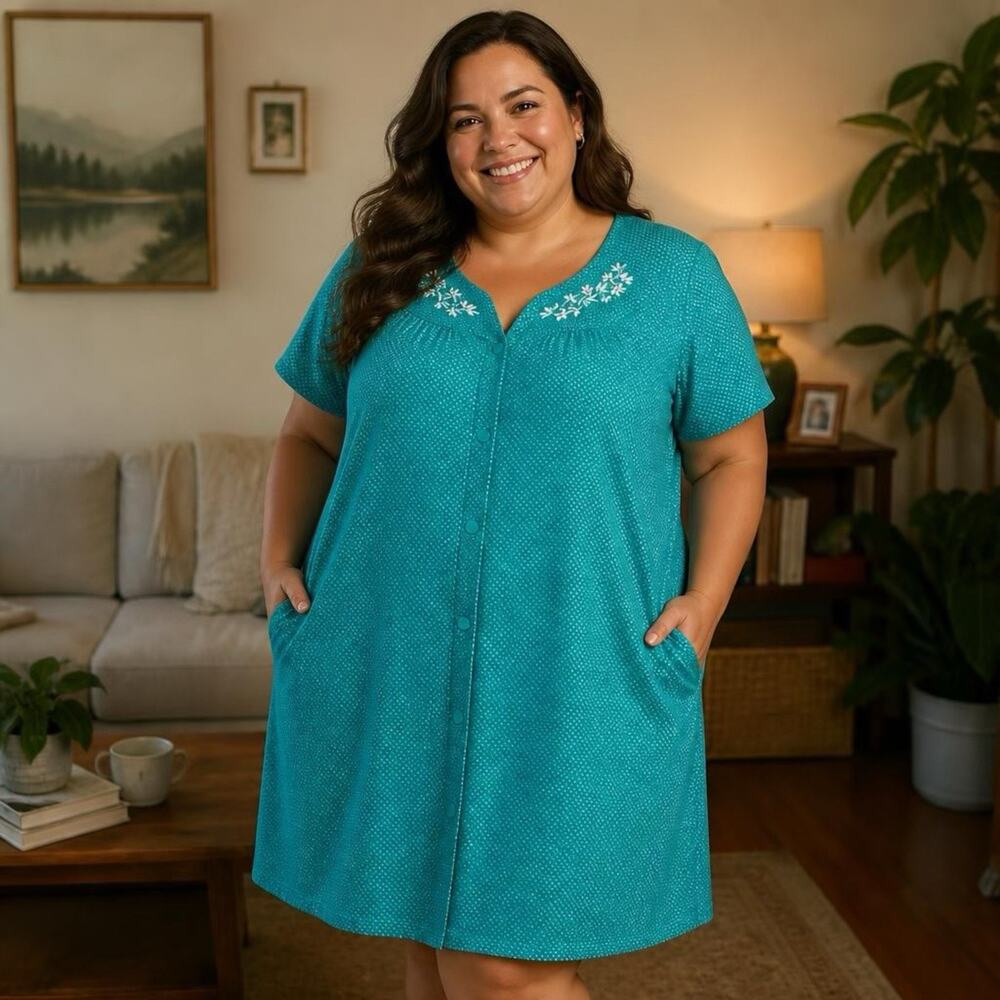 Secret Treasures Women 2X House Dress Nightgown Turquoise White Dot With Pockets
